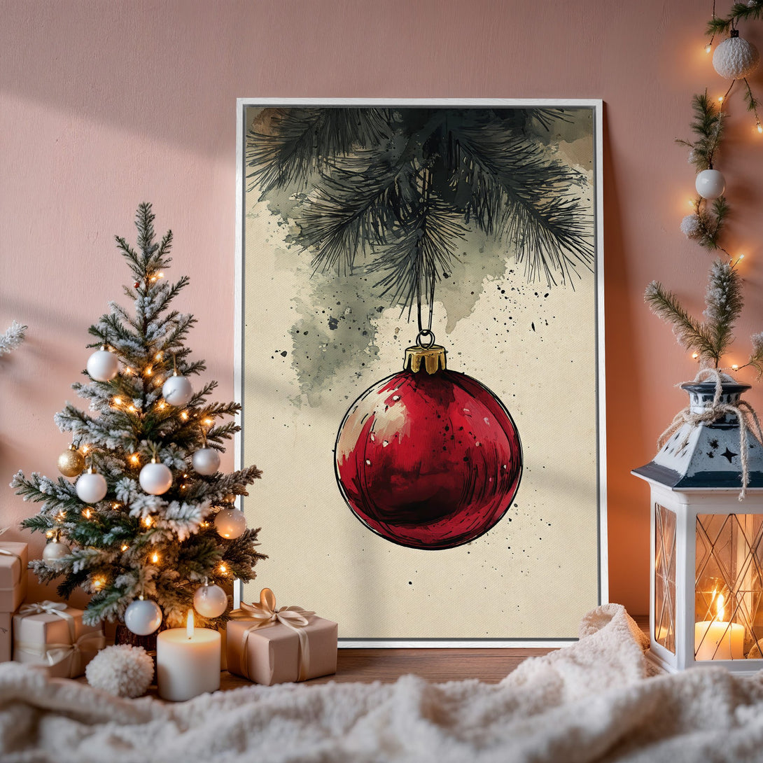 Framed Wall Art: Watercolor Christmas ornament print in red, black, and beige. Festive decor for your home, perfect for the holidays.