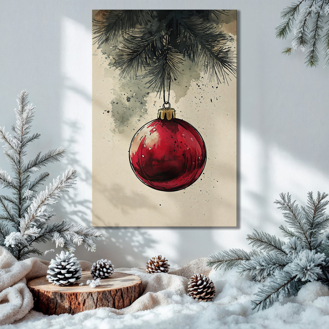 Framed Wall Art featuring a watercolor Christmas ornament in a festive interior. Warm, inviting colors with a touch of holiday cheer.