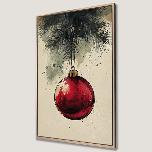 Framed Wall Art: Watercolor Christmas ornament print. Red bauble with pine branches on a beige background. Festive decor with a vintage style.