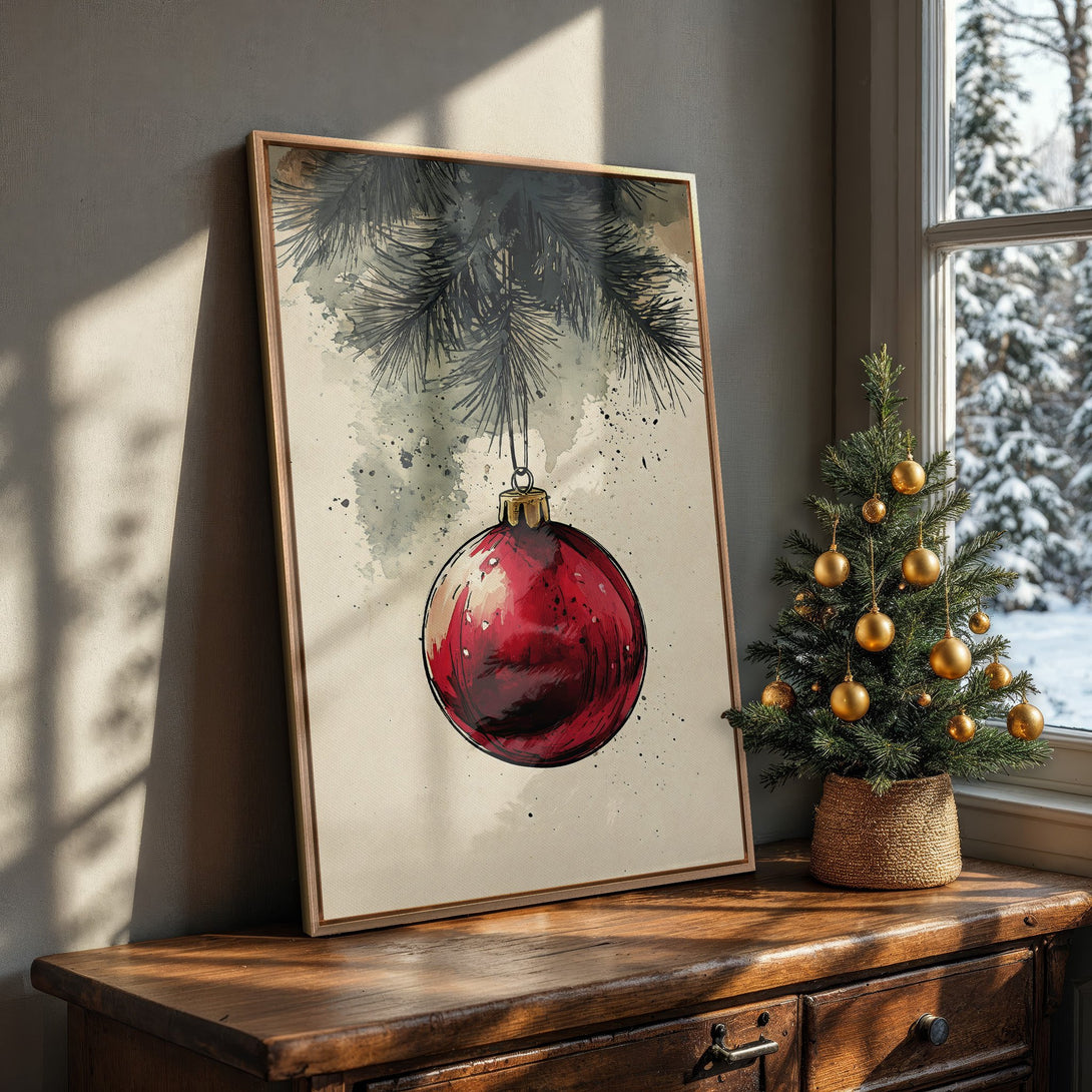Framed Wall Art: Watercolor Christmas ornament print in red and black. Warm, inviting interior with neutral tones, perfect holiday decor.