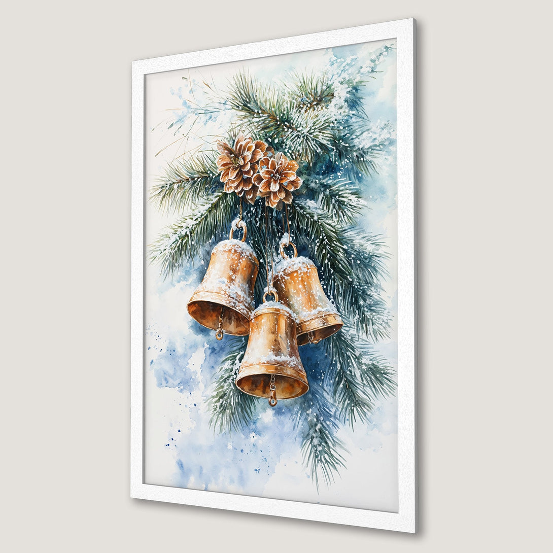 Framed Poster featuring watercolor Christmas bells, pine needles, and pinecones in a blue, gold, and green palette. Perfect holiday decor!