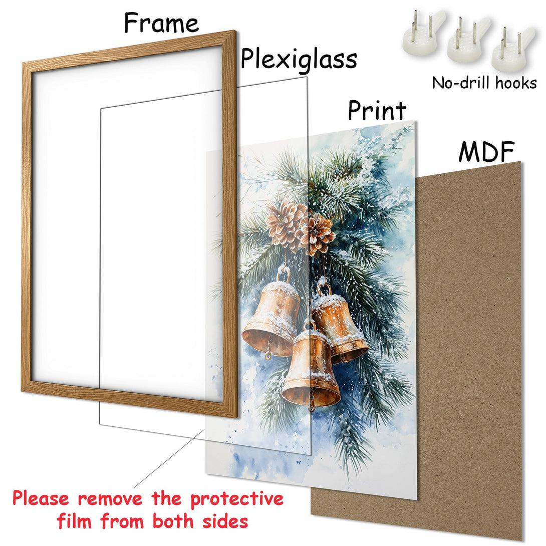 Framed Poster featuring a watercolor winter scene with bells and pine. Soft blue, green, and gold color palette. Perfect holiday decor!
