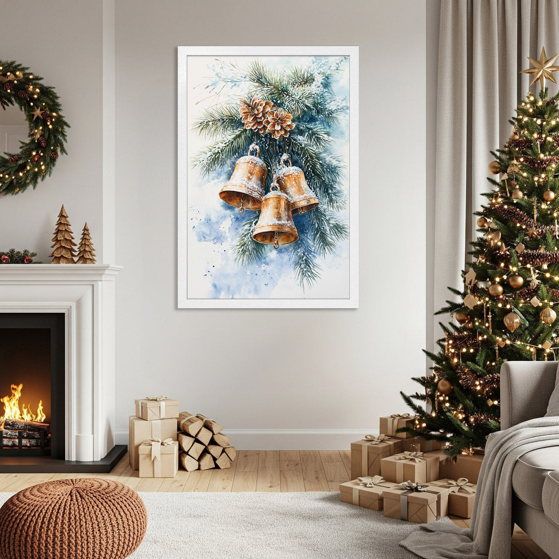 Framed Poster featuring watercolor Christmas bells, pine, and blue accents. Perfect holiday decor!