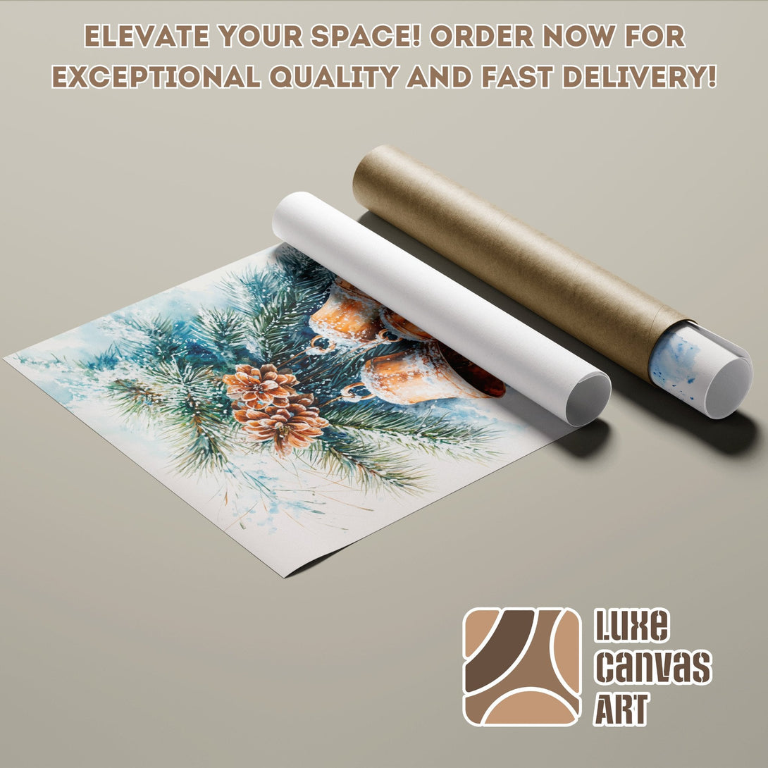Watercolor Poster Roll featuring winter pine and bells. Earthy tones and blue accents. Elevate your space!