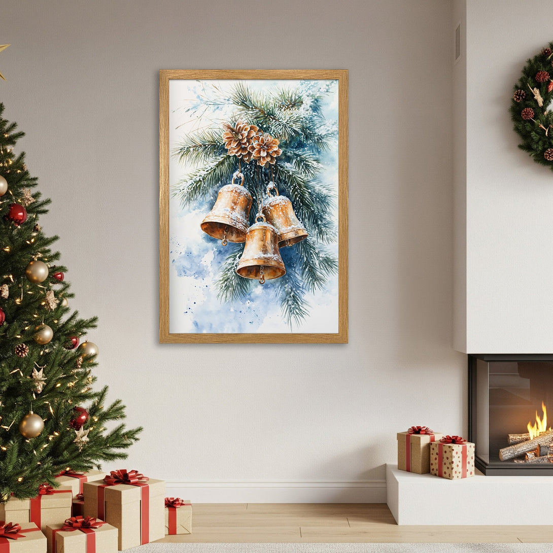 Framed Poster featuring watercolor Christmas bells & pine. Festive art with blue, green & gold color palette. Perfect holiday decor.