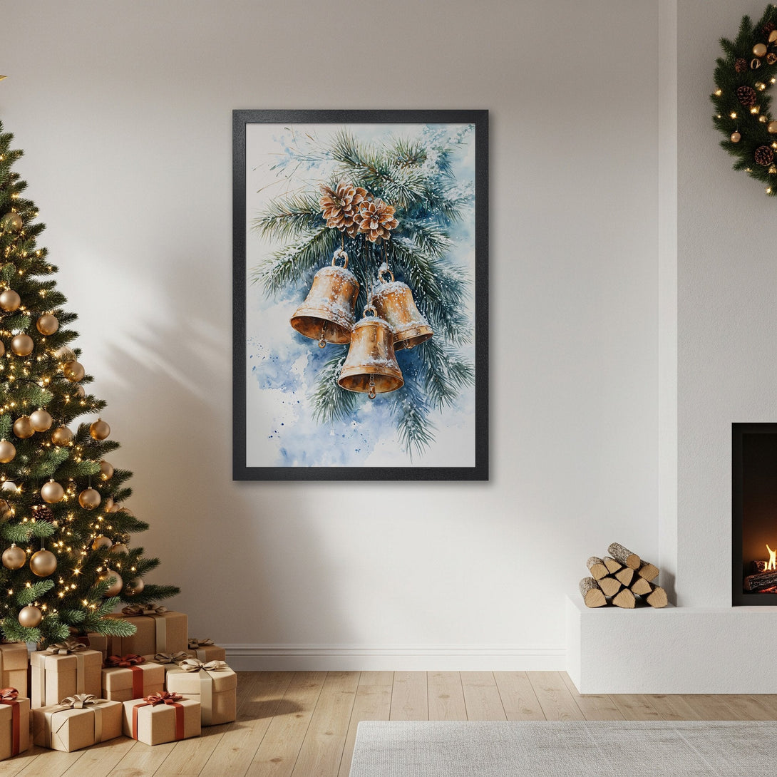 Framed Poster featuring watercolor bells and pine, perfect for Christmas decor. Soft blue, green, and gold palette. Add festive charm to your home!