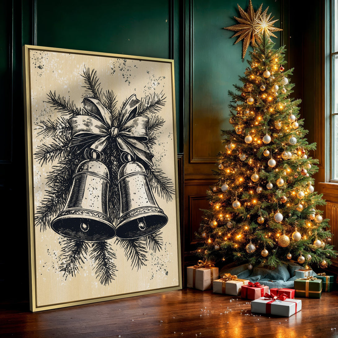 Canvas Print featuring a vintage Christmas bell illustration in black and beige. Perfect holiday wall art for a cozy, rustic aesthetic.