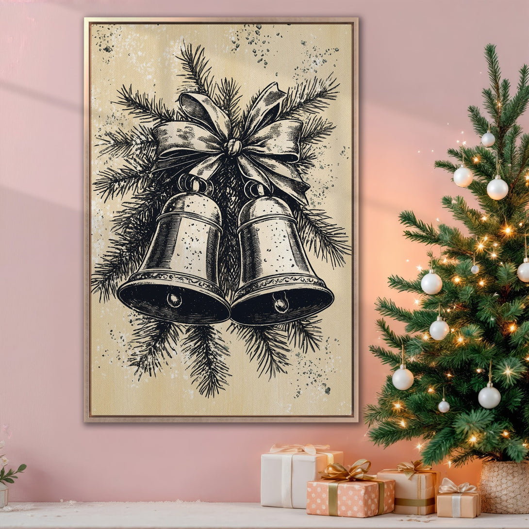 Framed Wall Art: Vintage Christmas bells canvas print in black & beige, perfect for holiday decor. Neutral tones and classic style.