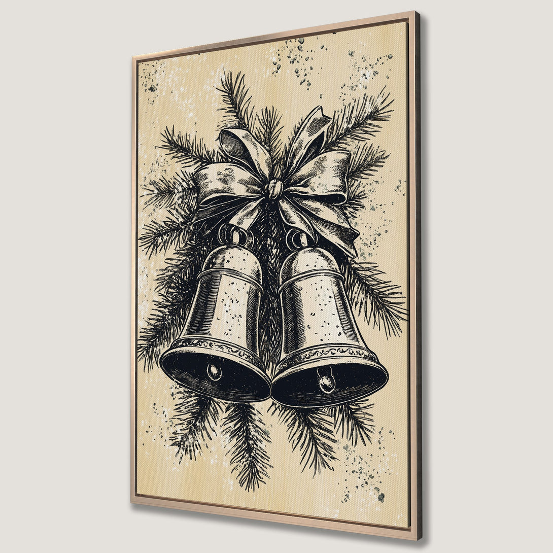 Framed Wall Art: Vintage Christmas bells illustration in black and beige. Perfect holiday decor. Shop this Canvas Print for a touch of festive charm.