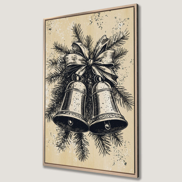 Framed Wall Art: Vintage Christmas bells illustration in black and beige. Perfect holiday decor. Shop this Canvas Print for a touch of festive charm.