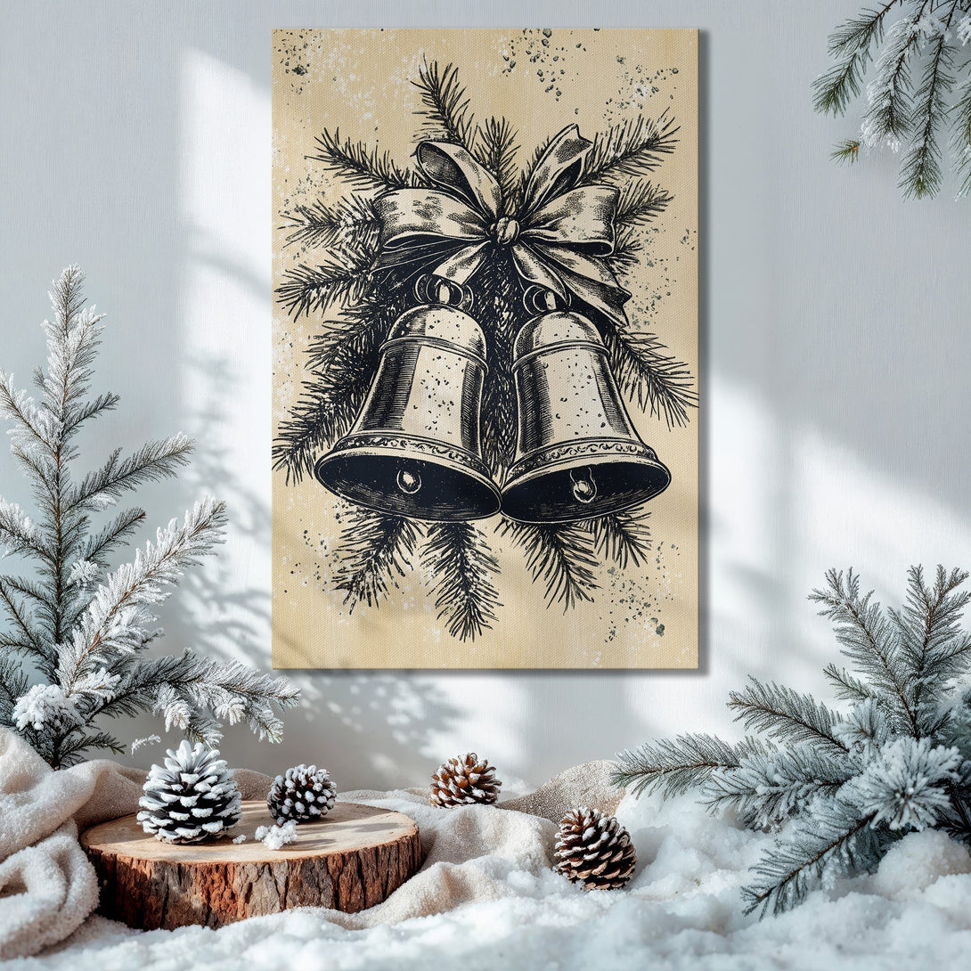 Framed Wall Art: Christmas bells illustration in black and beige, displayed in a festive interior with a Christmas tree and gifts.