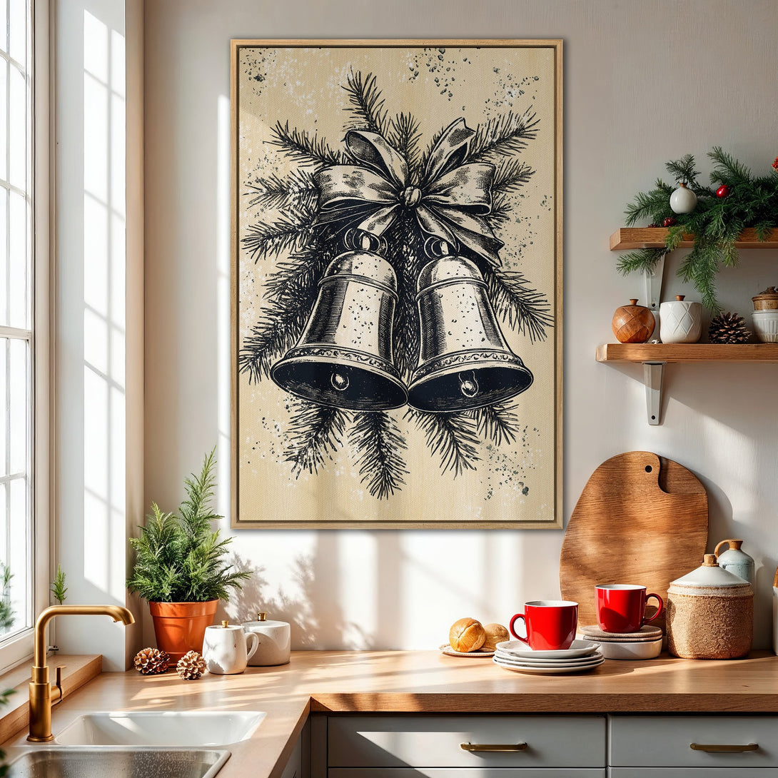 Framed Wall Art featuring vintage Christmas bells. Neutral palette with black and beige tones. Perfect holiday decor for a cozy kitchen or living room.