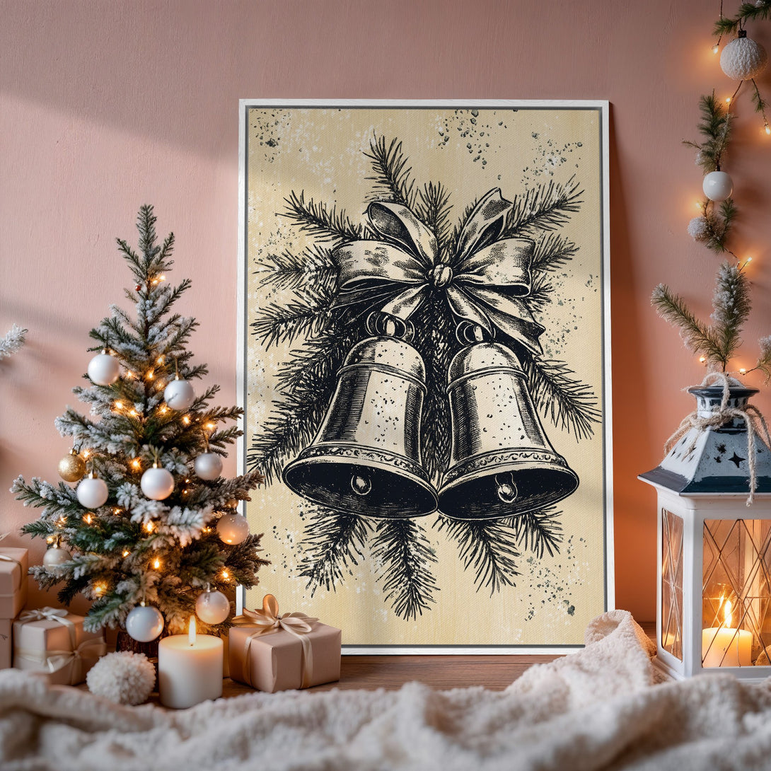 Framed Wall Art: Vintage Christmas bells illustration in black and beige. Perfect holiday decor. Warm, inviting color palette. Shop now for festive art!