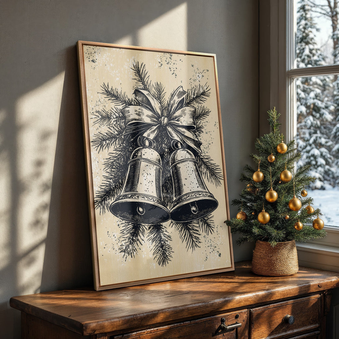 Framed Wall Art: Vintage Christmas bells illustration in black and beige. Rustic style canvas print perfect for holiday decor.