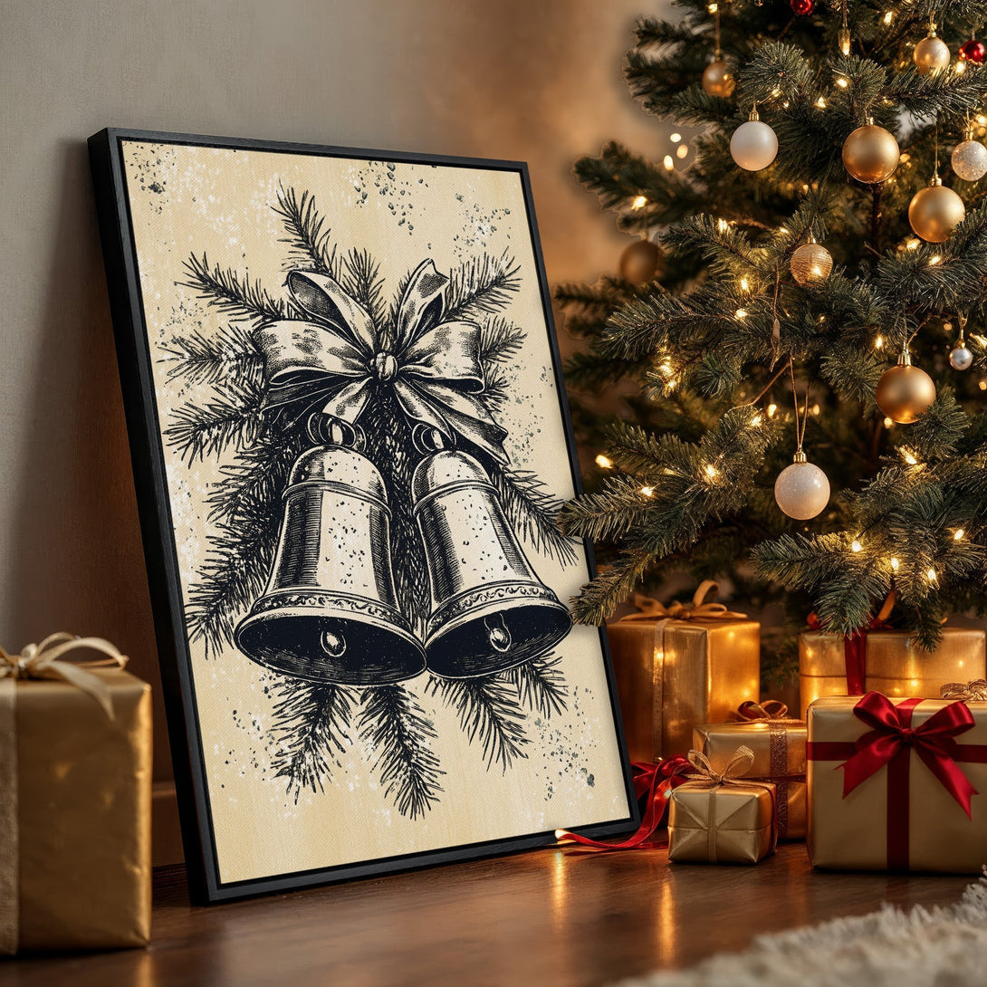 Framed Wall Art: Christmas bells illustration in black and cream. Festive decor with a vintage style, perfect for holiday home accents.