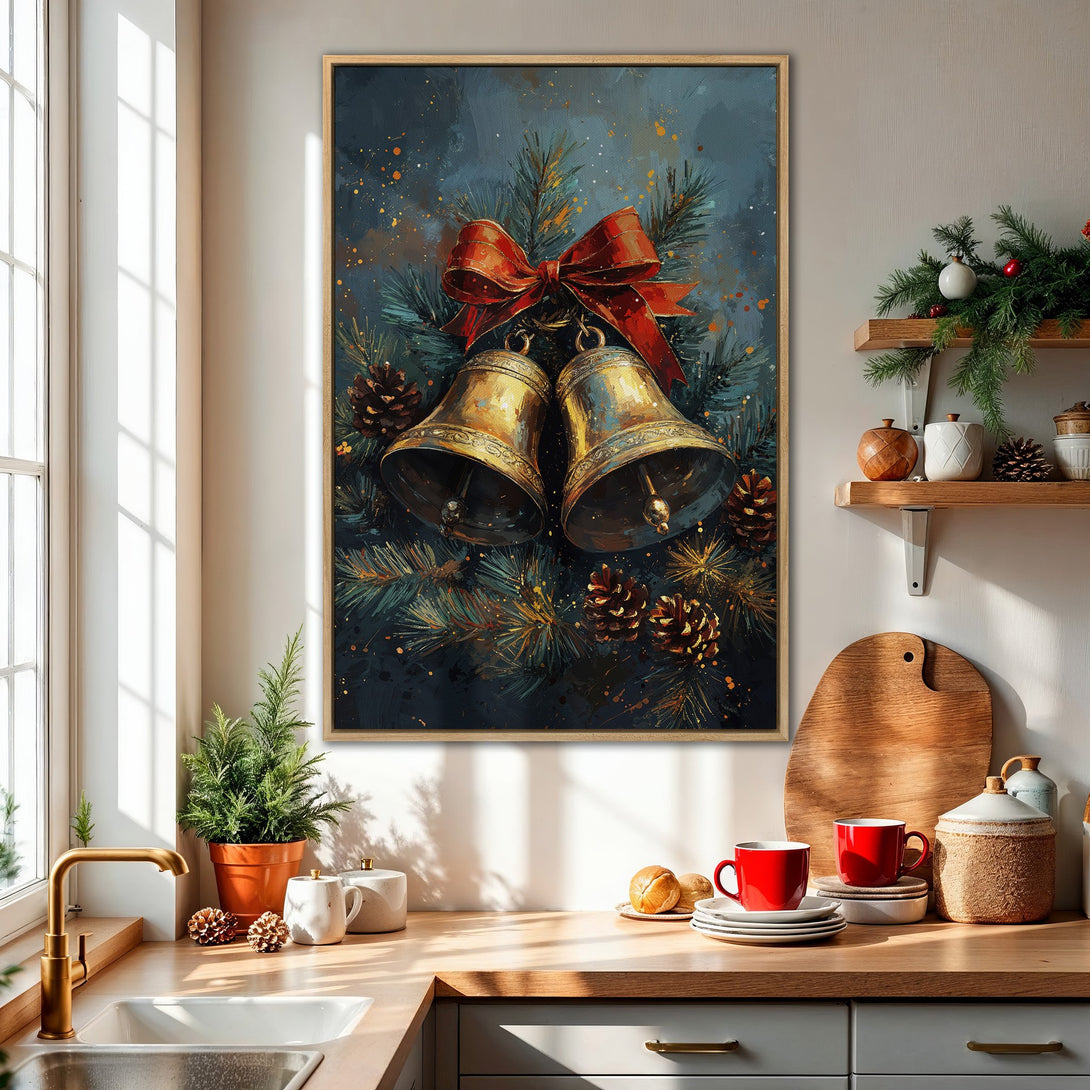 Framed Wall Art: Christmas bells painting with red bow, pine needles, and gold accents. Dark blue and green color palette, perfect holiday decor.