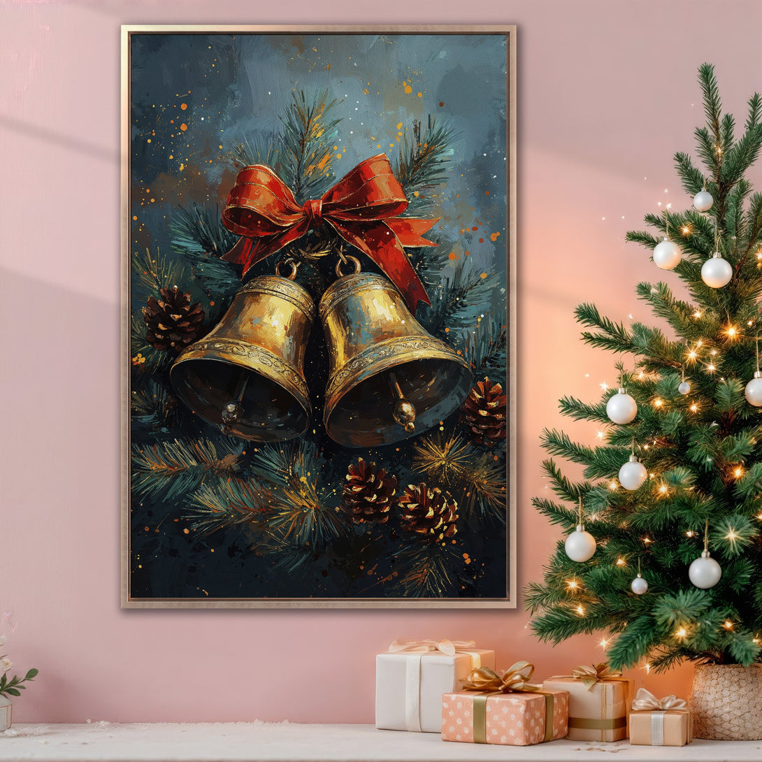 Framed Wall Art: Festive Christmas bells painting in rich teal and gold tones. Perfect holiday decor for a cozy, inviting home.
