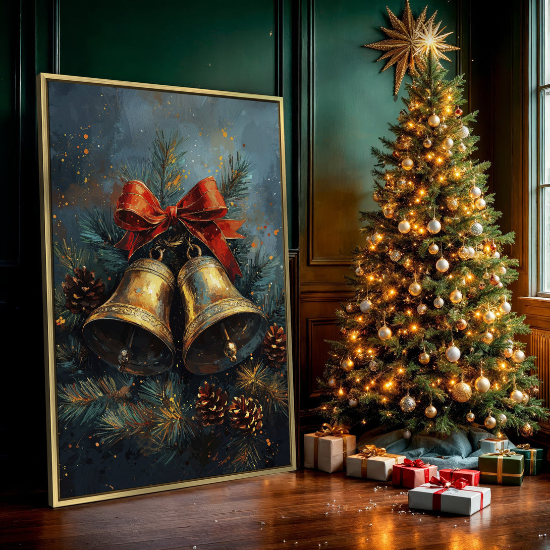 Canvas Print featuring Christmas bells and festive greenery, with a rich, dark teal and gold color palette. Perfect holiday wall art!