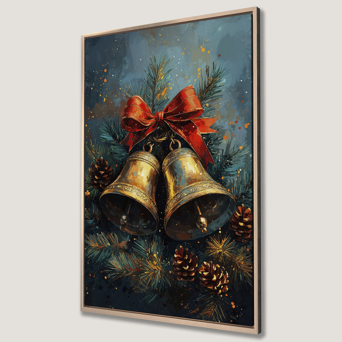 Framed Wall Art: Christmas bells painting in a painterly style with a rich blue, gold, and red color palette. Perfect holiday decor for your home!