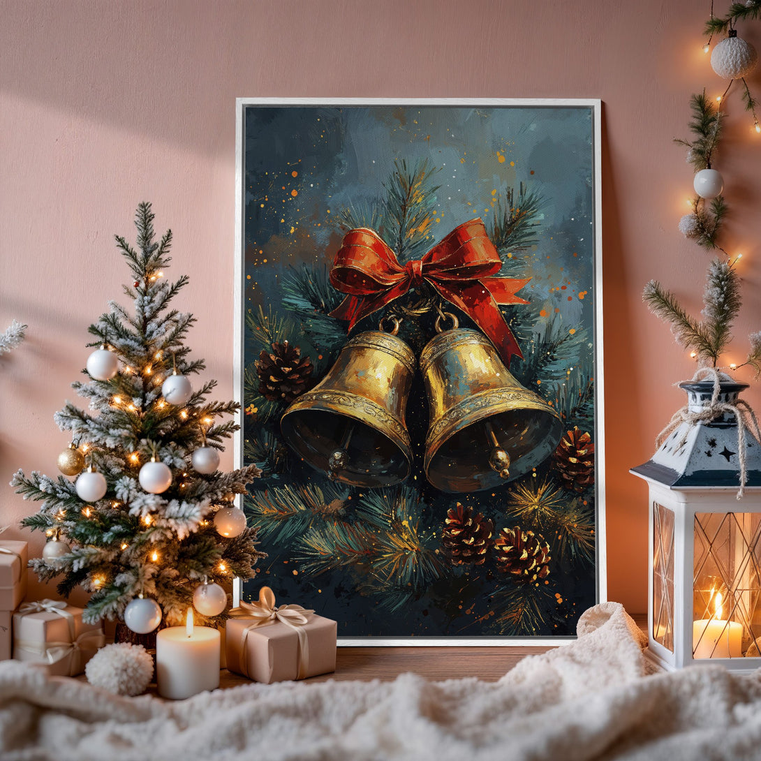 Framed Wall Art: Festive Christmas bells painting in a cozy interior. Rich teal, gold, and red palette. Perfect holiday decor!