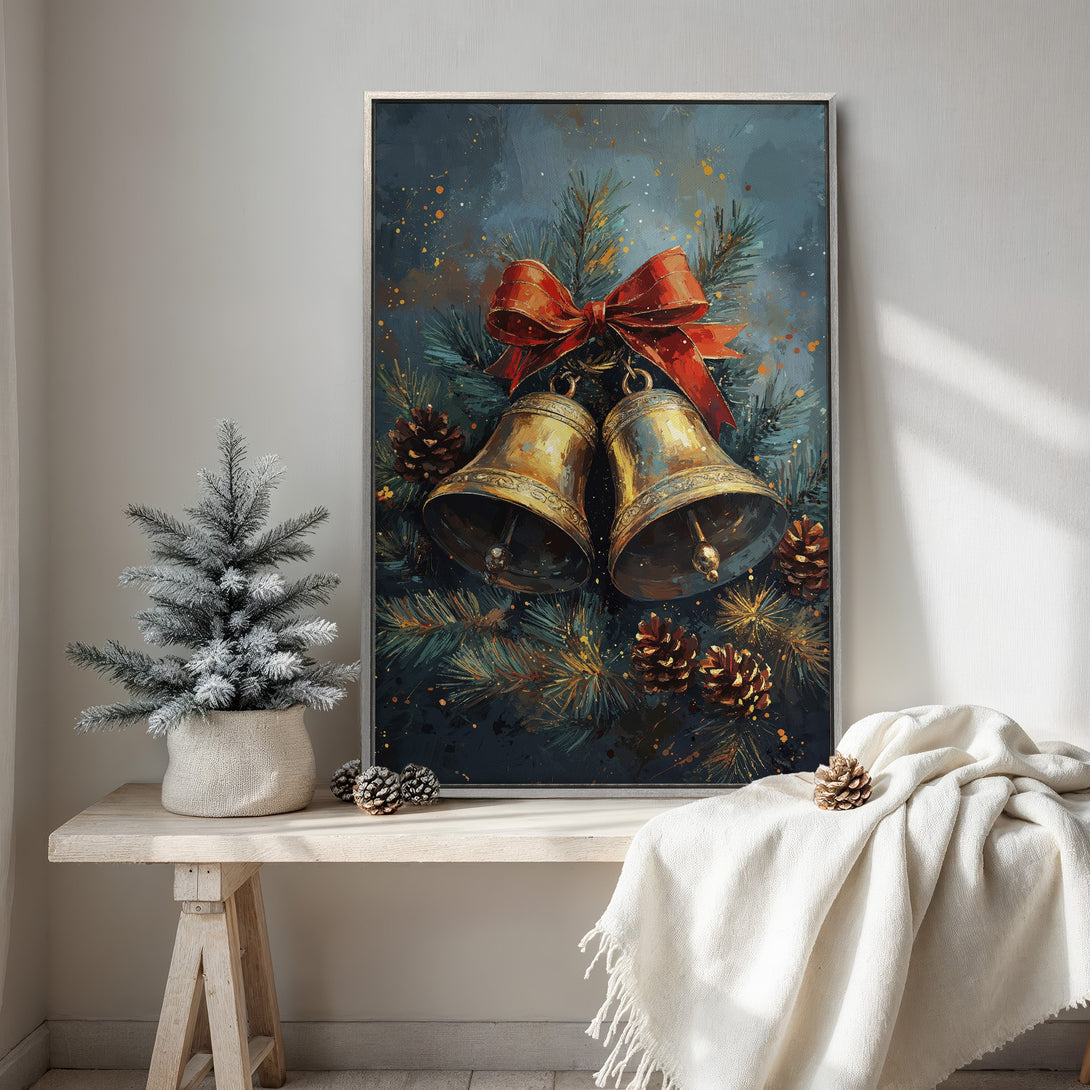 Framed Wall Art: Festive Christmas bells canvas print with a red bow, pine needles, and pinecones. Rich blues, greens, and gold tones. Perfect holiday decor!