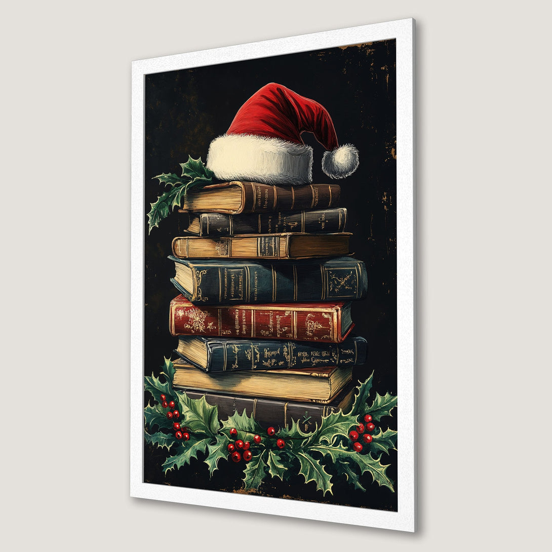 Framed Poster featuring a stack of books with a Santa hat, holly, and berries. Vintage style with a rich red, green, and brown color palette.