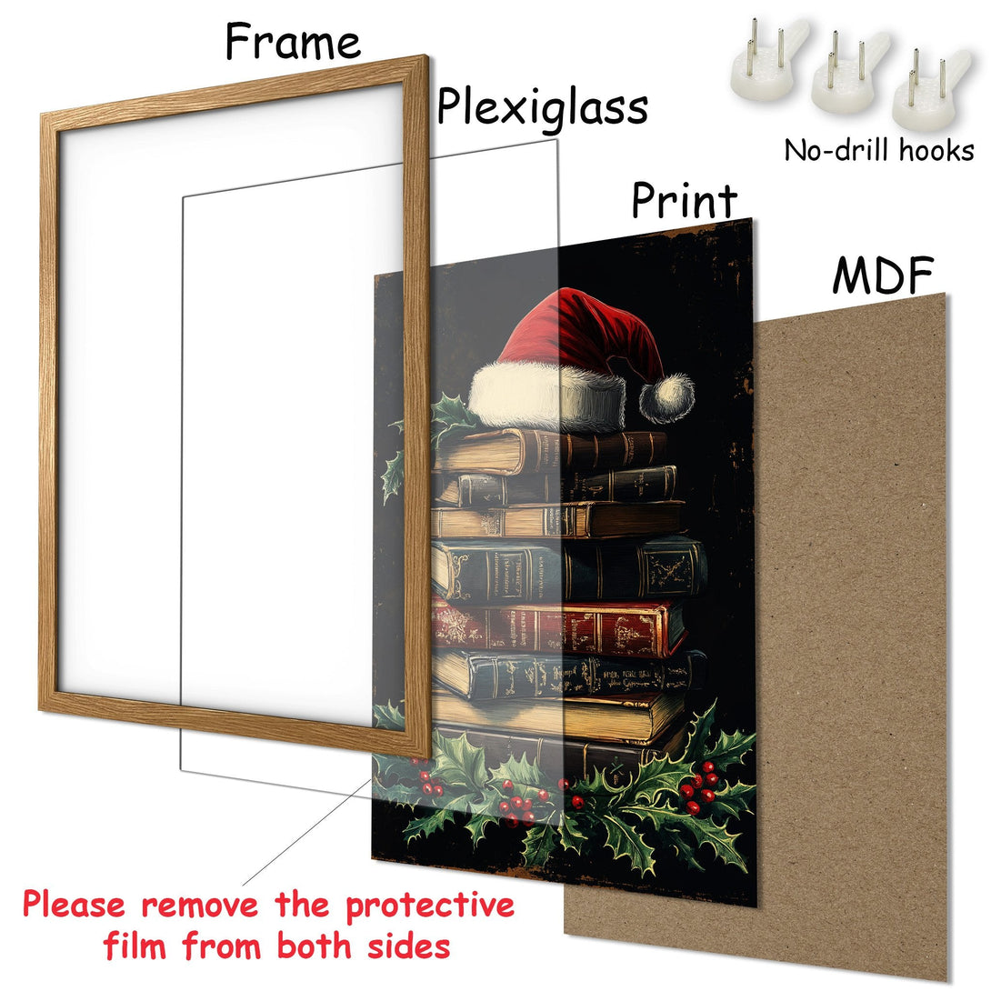 Framed Poster featuring a stack of books with a Santa hat, vintage style, and a dark, warm color palette. Perfect Christmas decor!