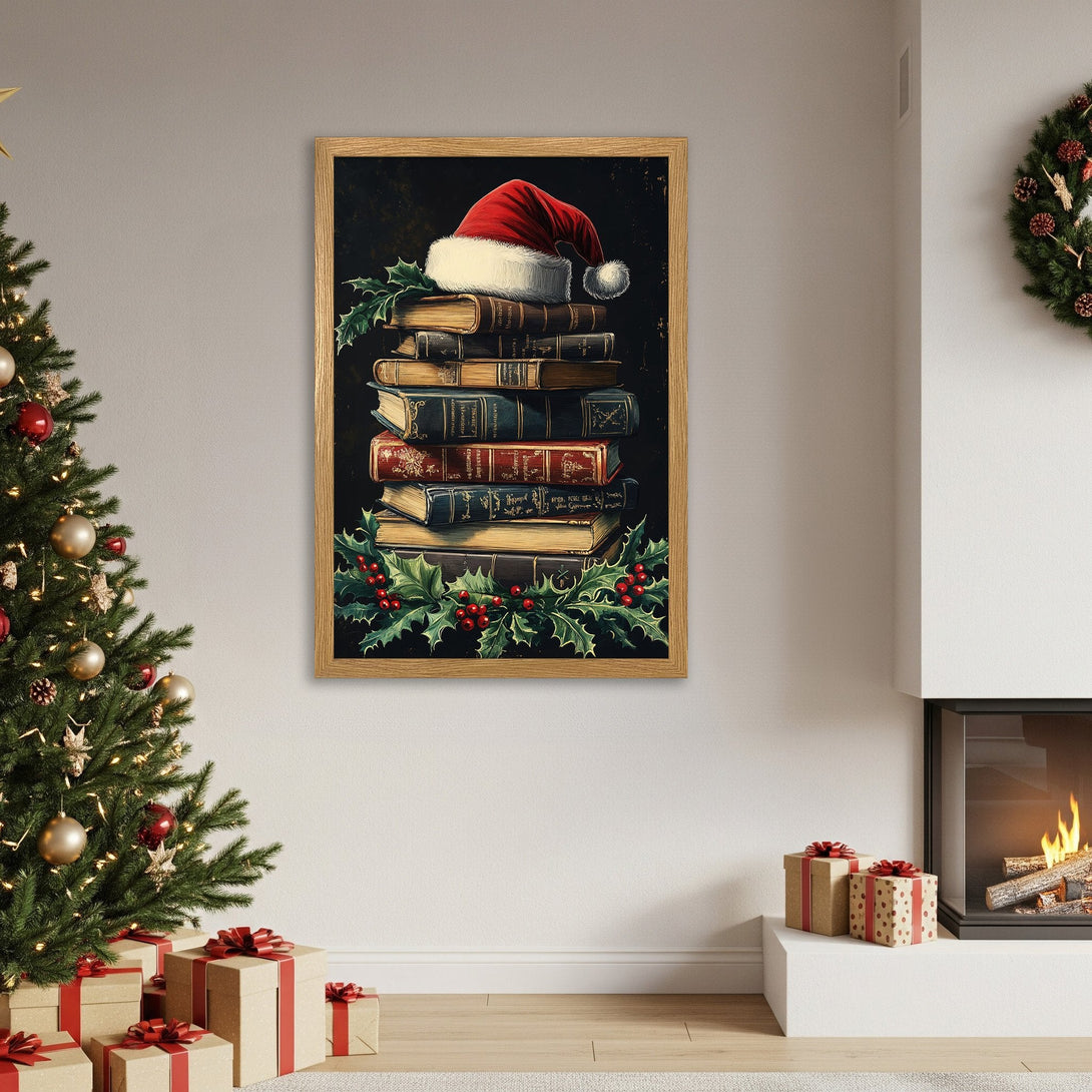 Framed Poster: Christmas books with Santa hat, festive art print in warm colors. Perfect holiday decor for your home.