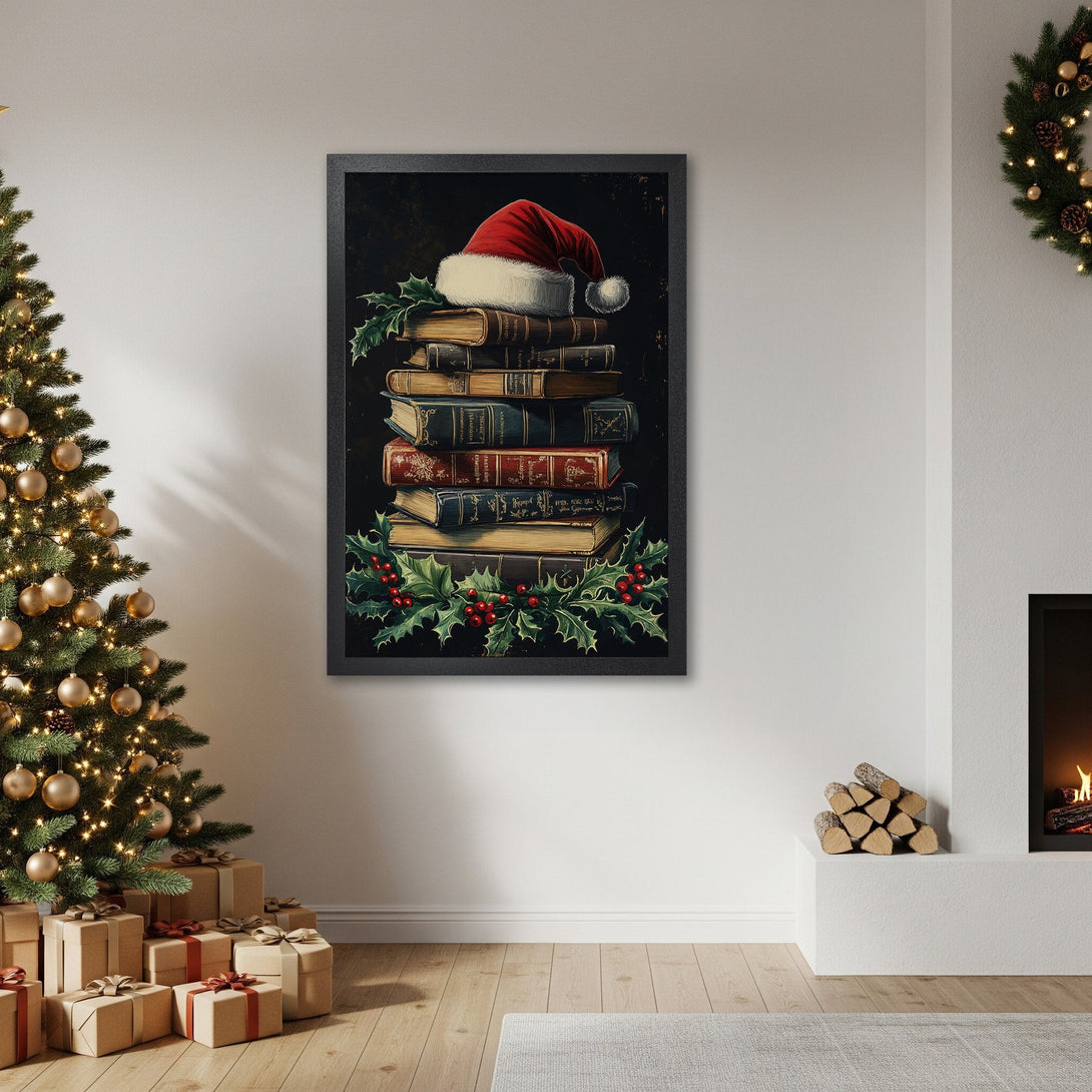 Framed Poster: Christmas books and Santa hat art print, warm color palette, perfect holiday decor.