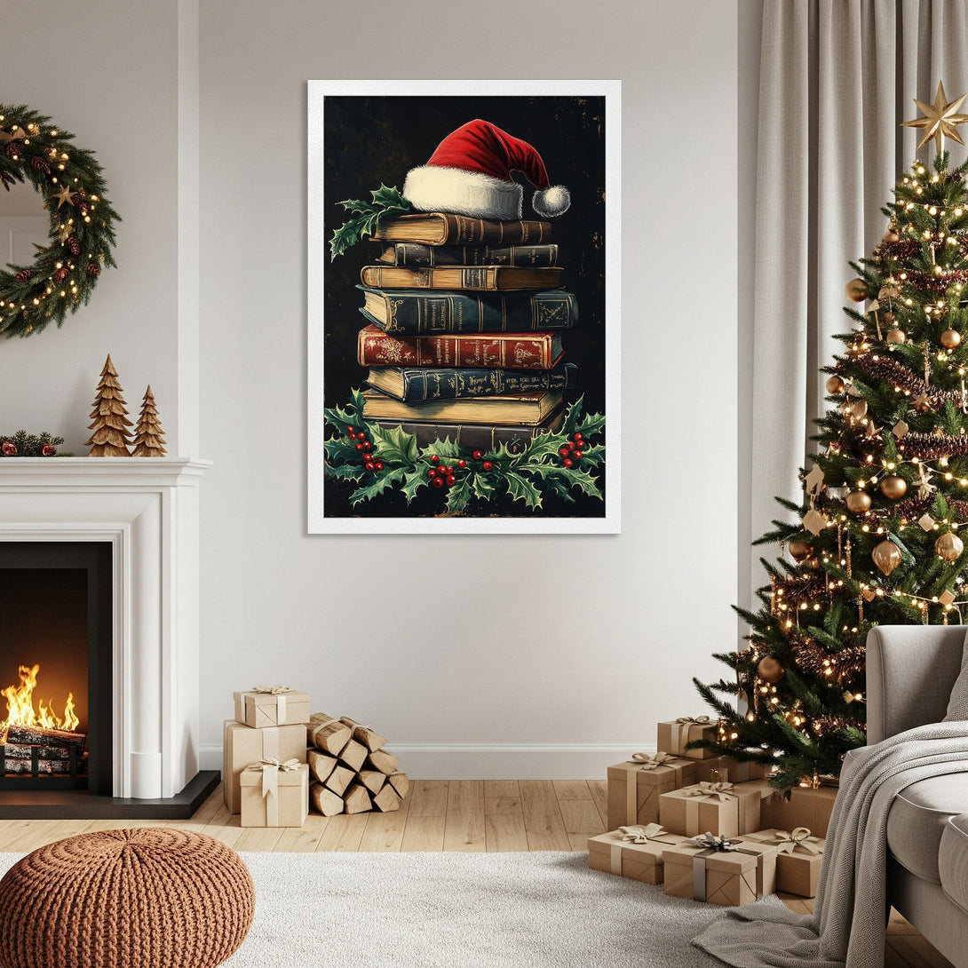 Framed Poster featuring a festive Christmas scene with books, a Santa hat, and holly. Warm, inviting color palette. Perfect holiday decor!