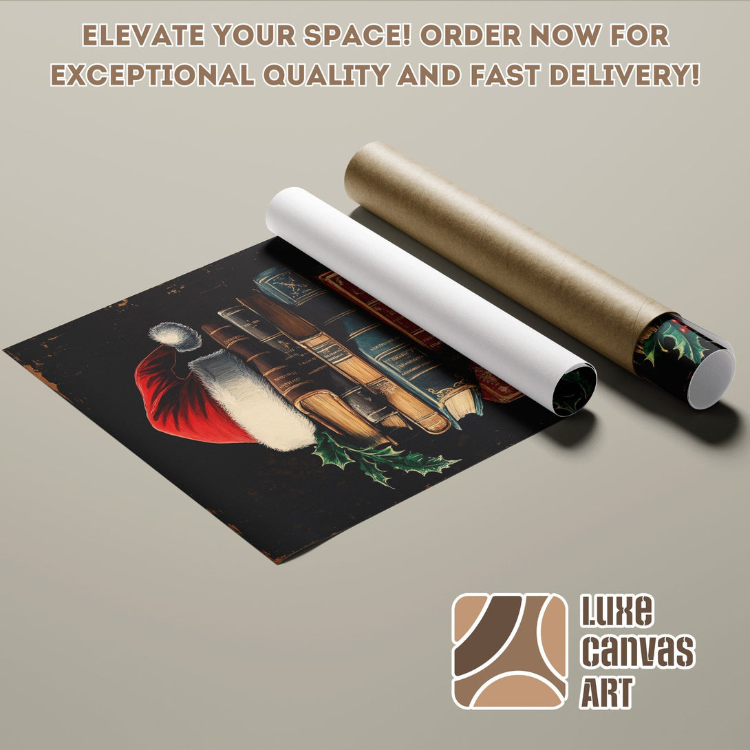 Poster Roll with vintage Santa hat and books art, warm color palette. Elevate your space!