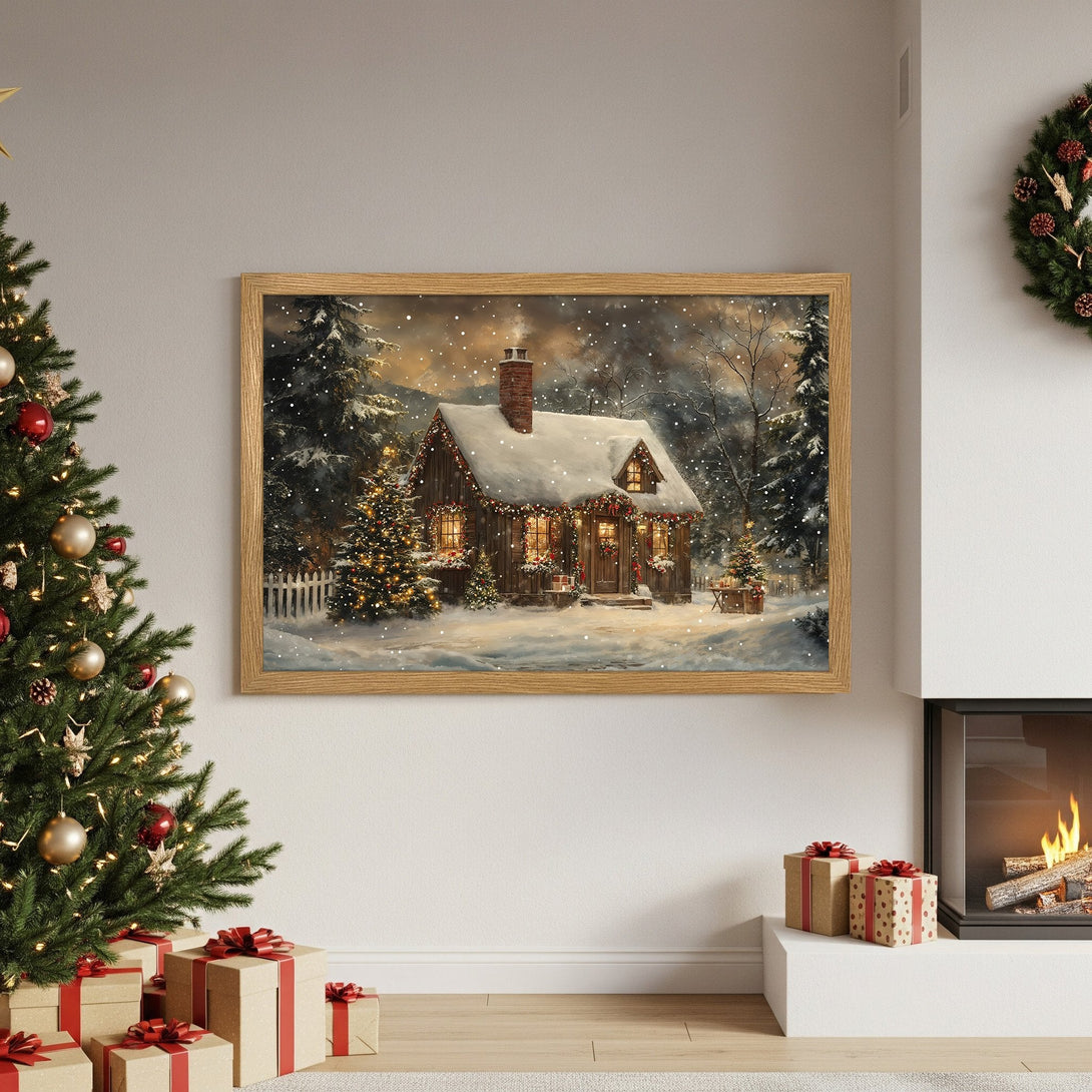 Framed Poster of a cozy winter cabin scene, warm colors & snowy details. Perfect Christmas decor!