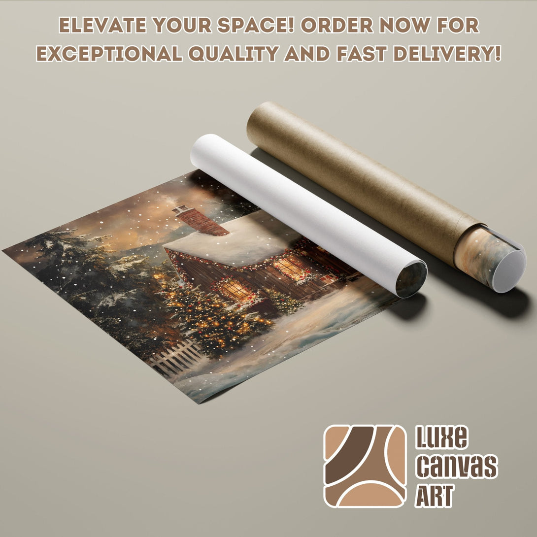 Poster Roll featuring a cozy winter scene, warm tones, and a charming cabin. Order now!