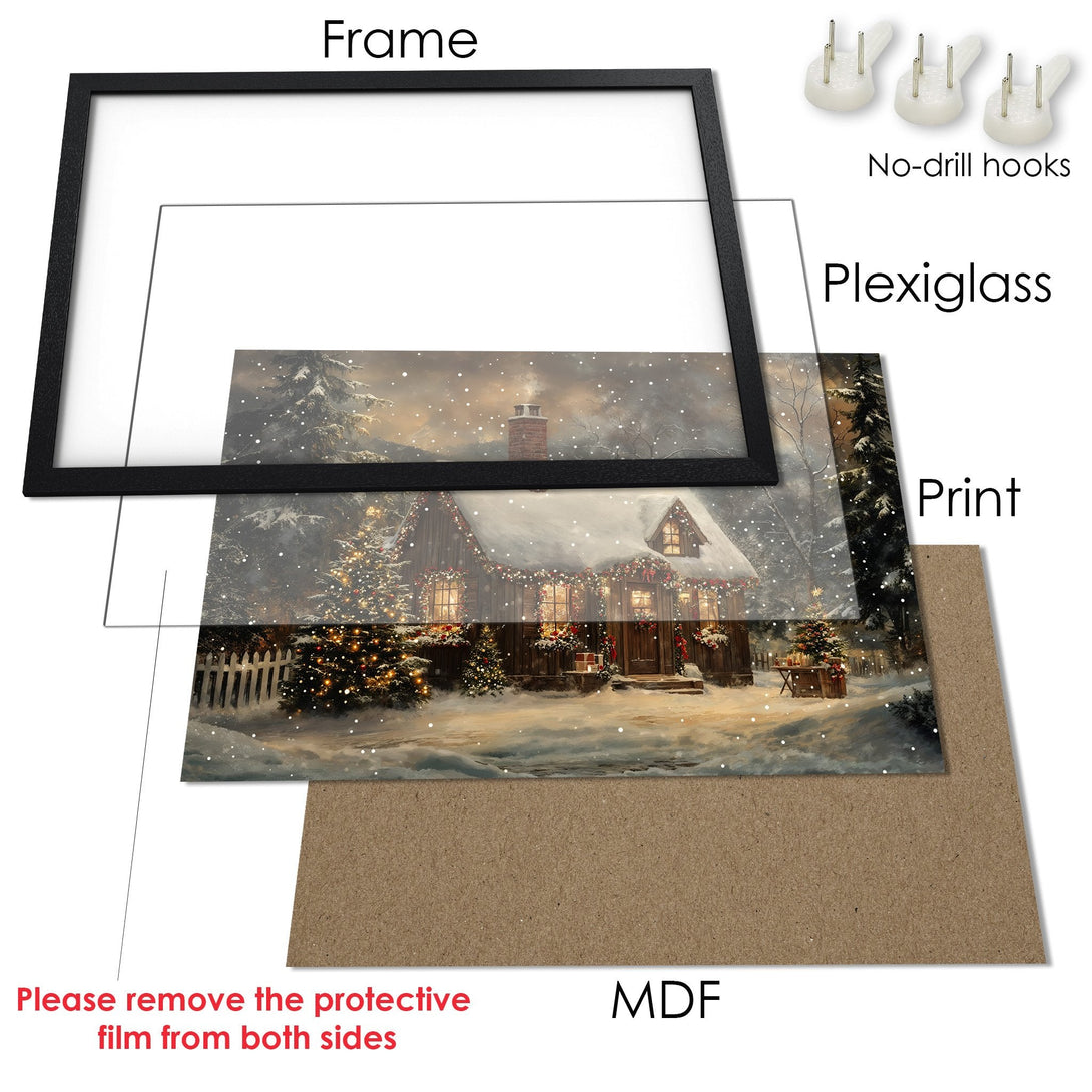 Framed Poster featuring a cozy winter scene with a cabin, warm colors, and a touch of snow. Perfect holiday decor!