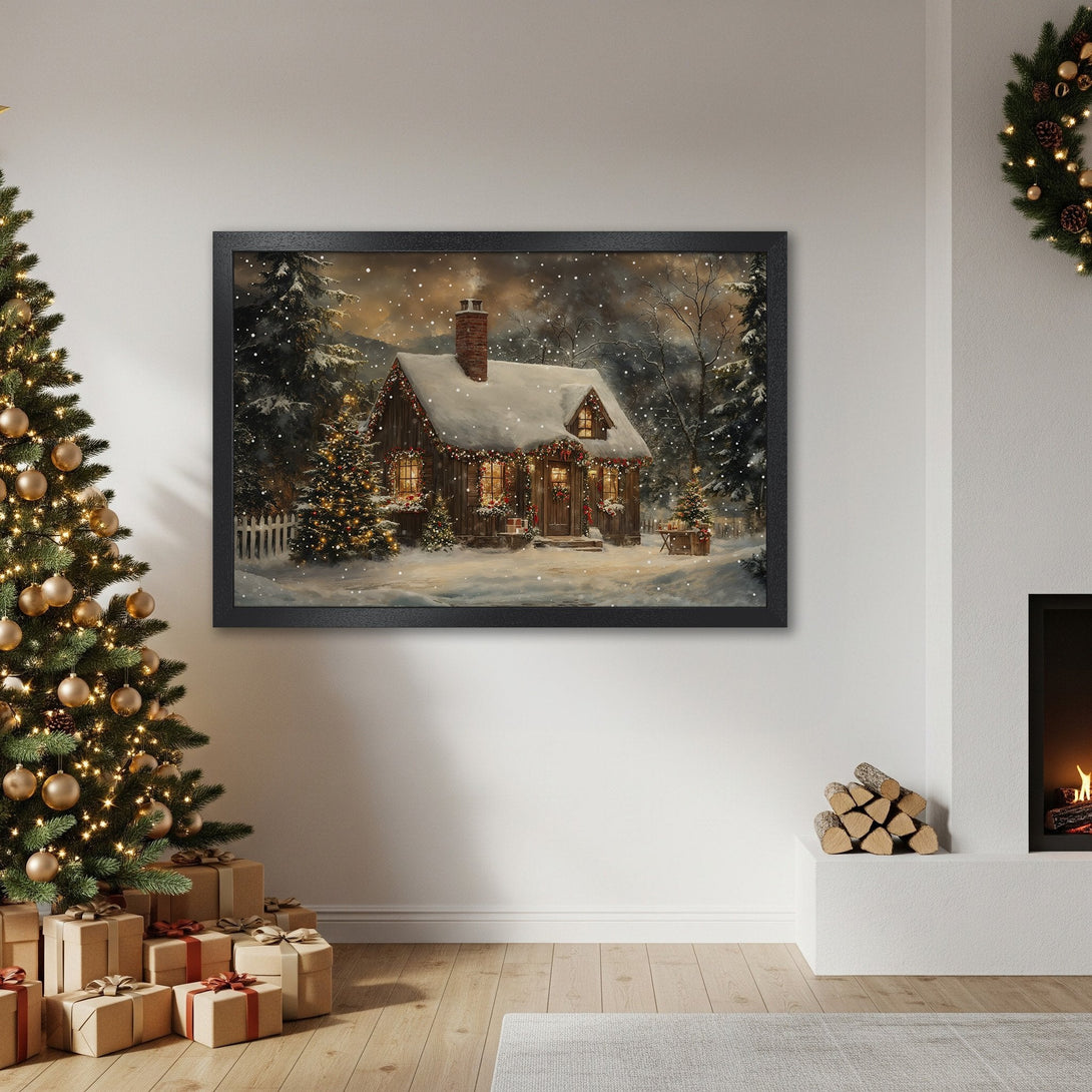Framed Poster of a cozy winter cabin scene, perfect for holiday decor. Warm, inviting colors and a charming style. Get yours today!