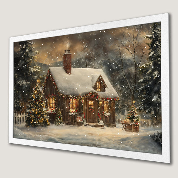 Framed Poster of a cozy winter cabin scene with a snowy landscape, warm lights, and a rustic style. Featuring a brown, white, and green color palette.