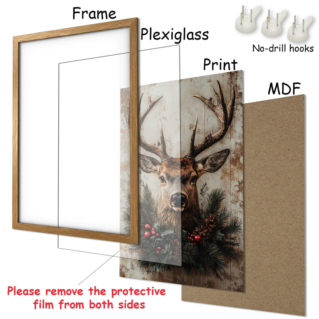 Framed Poster featuring a majestic deer in rustic style with warm brown and green tones, perfect for home decor.