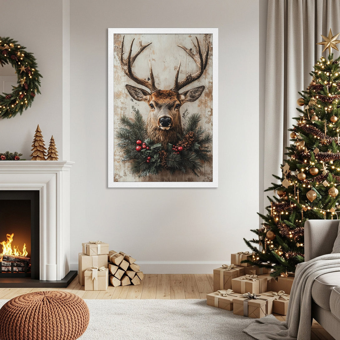 Framed Poster featuring a majestic deer head with Christmas wreath, rustic style, warm neutral tones. Perfect holiday decor!