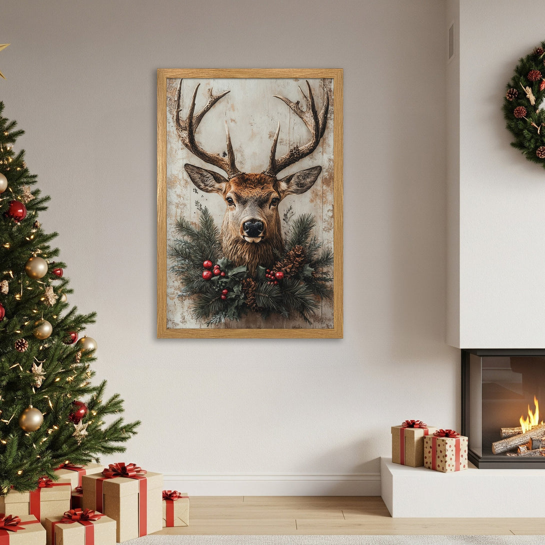 Framed Poster featuring a majestic stag with a Christmas wreath. Rustic style, warm neutral tones with pops of red and green. Perfect holiday decor!