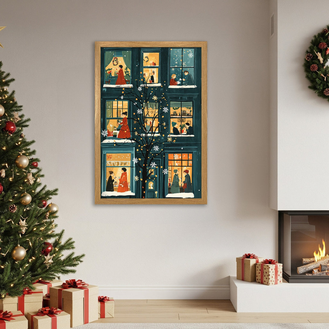 Framed Poster of a cozy Christmas scene with a teal and gold color palette, perfect for holiday decor.