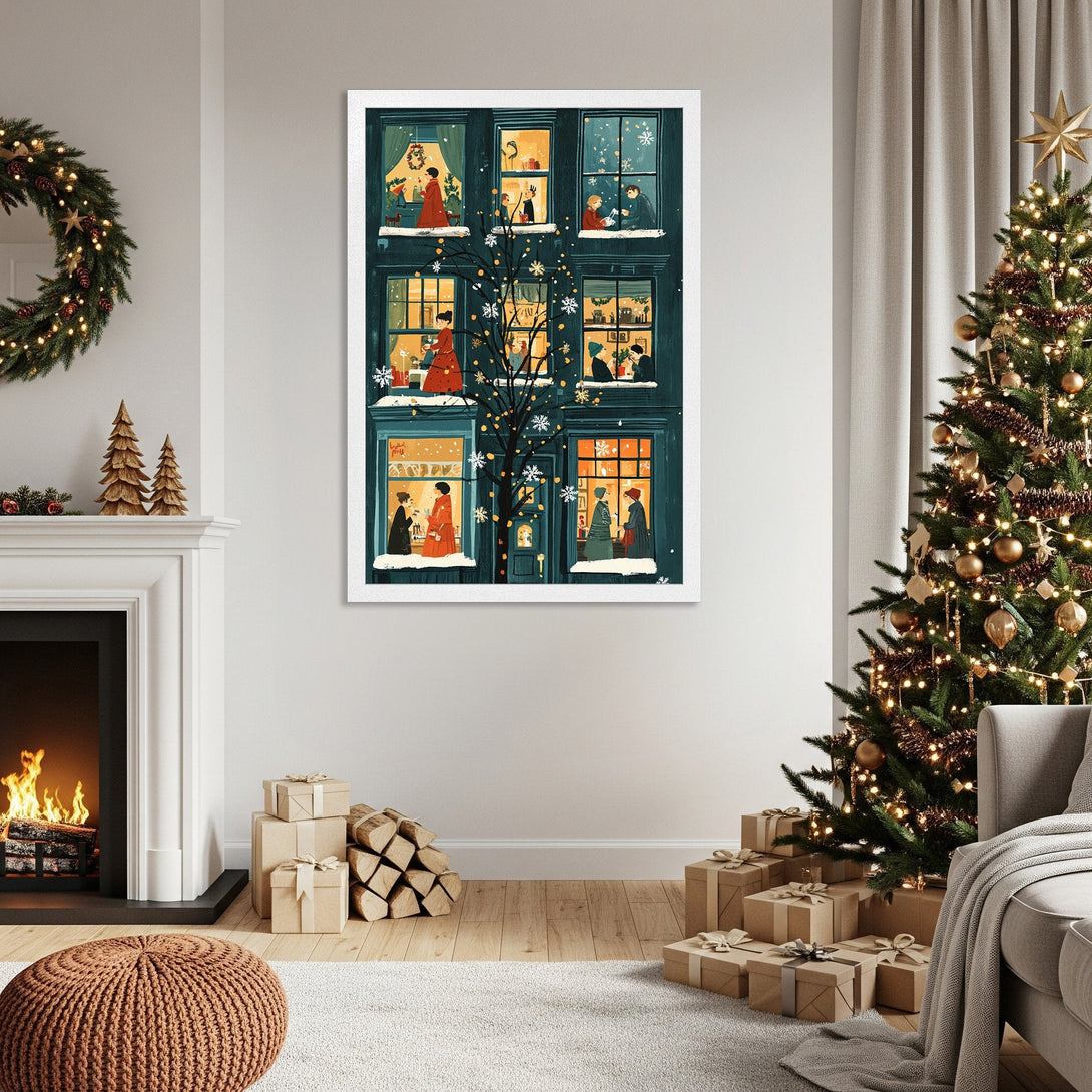 Framed Poster featuring a cozy Christmas scene in a whimsical style with a warm, inviting color palette. Perfect holiday decor!