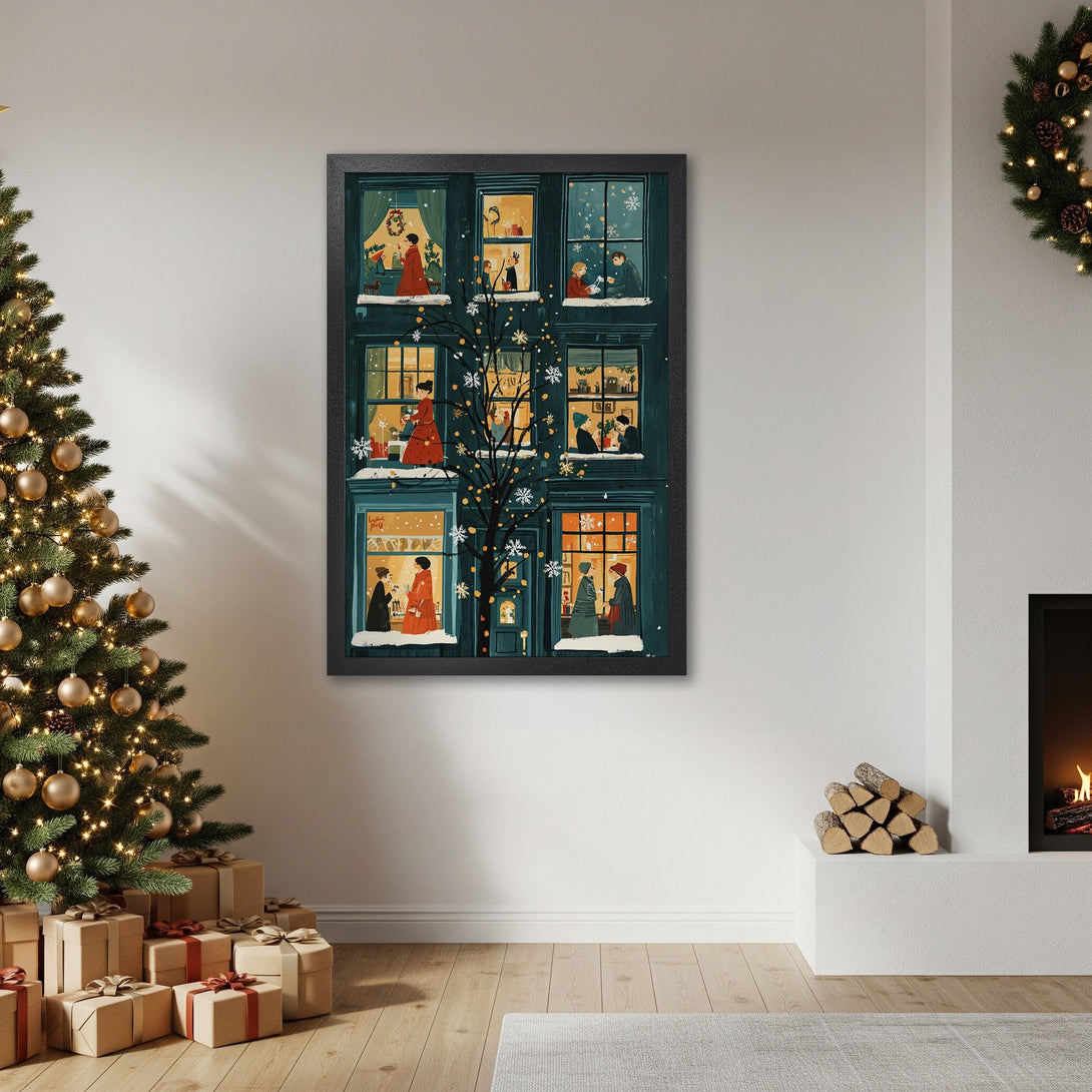 Framed Poster featuring a cozy Christmas scene in a whimsical style with a teal and warm color palette. Perfect holiday decor!