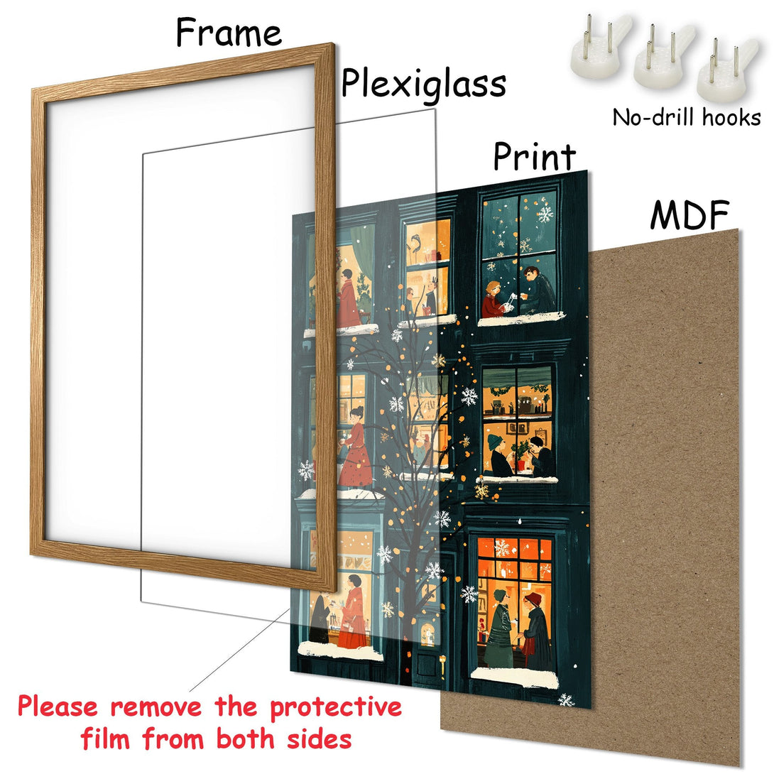Framed Poster featuring a cozy winter scene in a warm color palette. Perfect for adding holiday charm to your home decor.