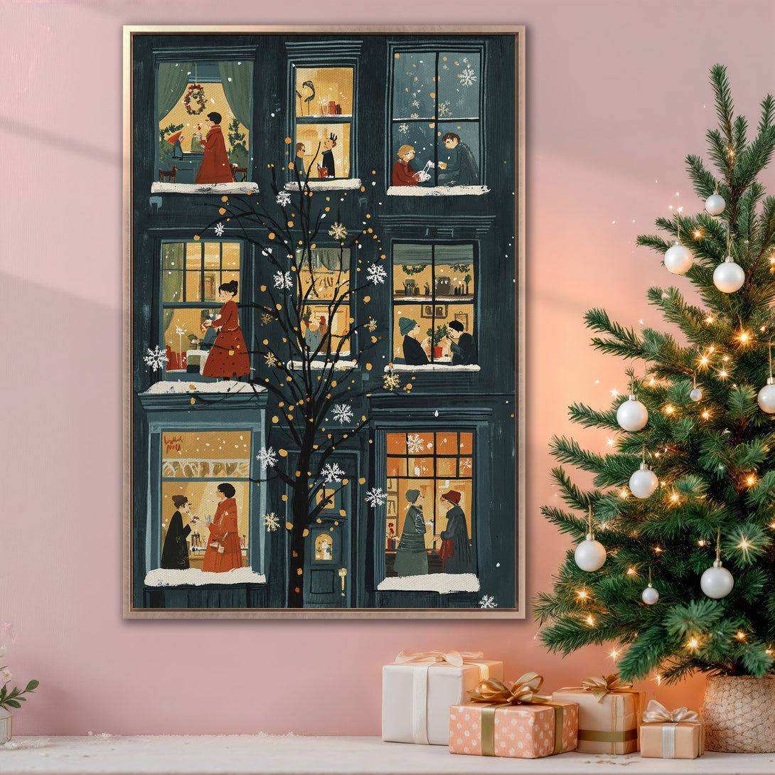 Framed Wall Art: Charming winter scene Canvas Print with a warm, inviting color palette. Features a cozy illustration of a building with lit windows, perfect for holiday decor.