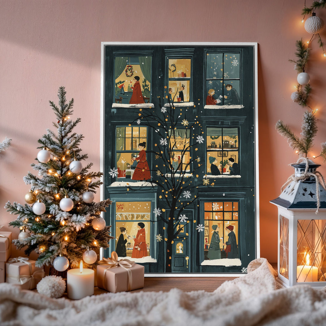 Framed Wall Art: Cozy winter scene canvas print with warm tones. Festive illustration of people in windows, perfect for holiday decor. Shop now!
