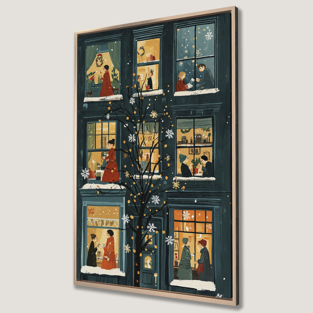 Framed Wall Art: Cozy winter scene Canvas Print. Illustration of a building with lit windows, warm color palette, and a touch of holiday cheer. Perfect for home decor.