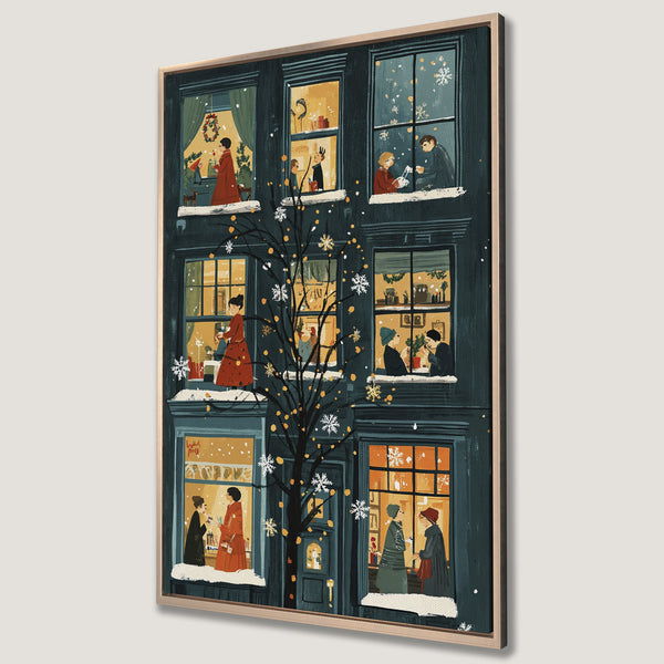 Framed Wall Art: Cozy winter scene Canvas Print. Illustration of a building with lit windows, warm color palette, and a touch of holiday cheer. Perfect for home decor.