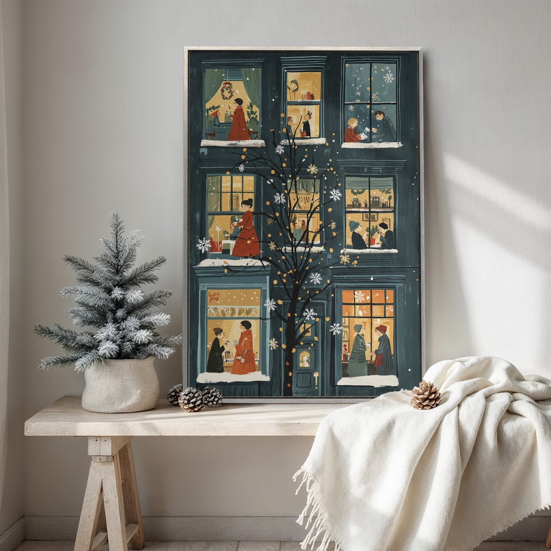 Framed Wall Art featuring a cozy winter scene with warm colors. Charming illustration of a building with lit windows. Perfect holiday decor for a festive home.