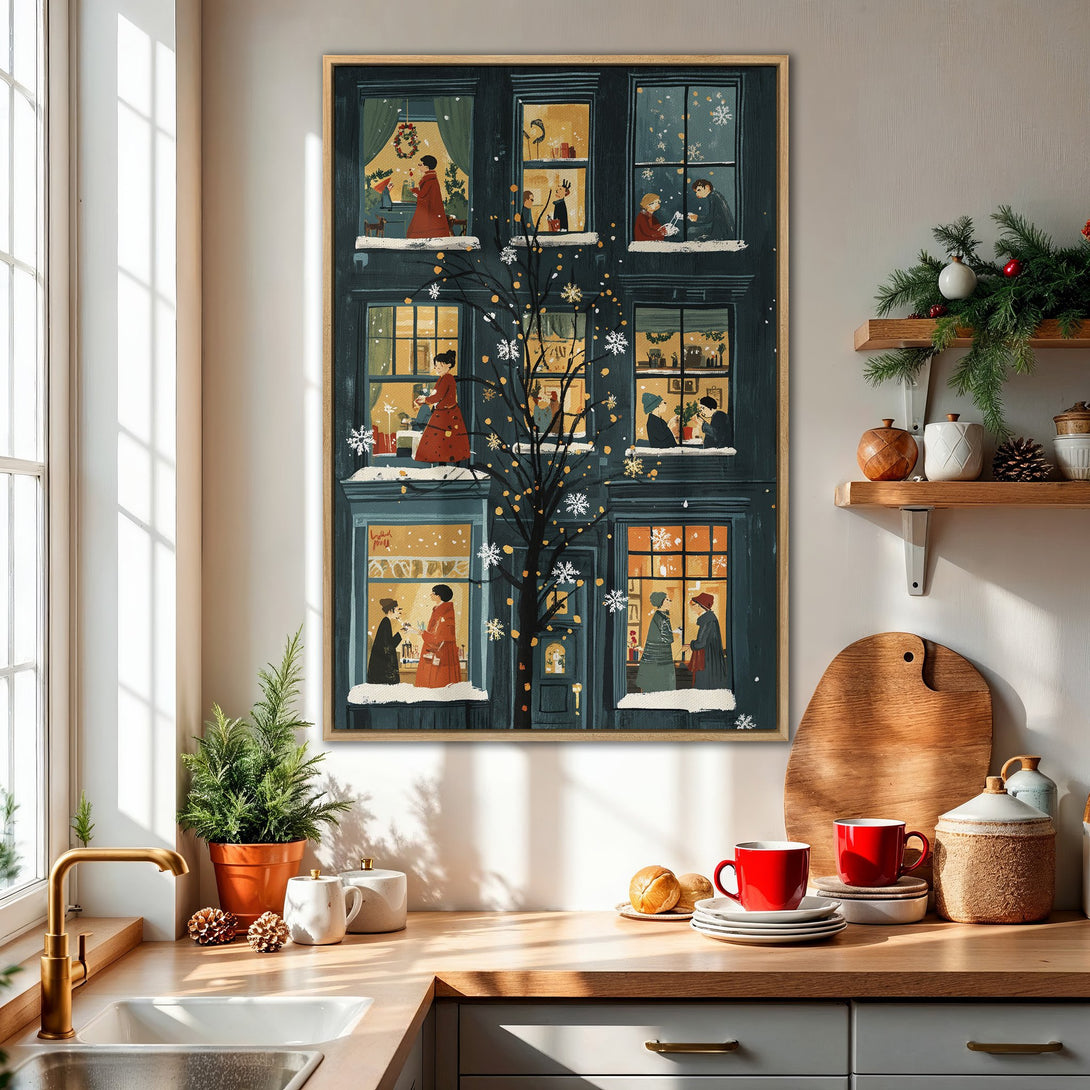 Framed Wall Art: Winter scene Canvas Print with cozy illustration of people in windows, dark teal and warm tones. Perfect for holiday decor.