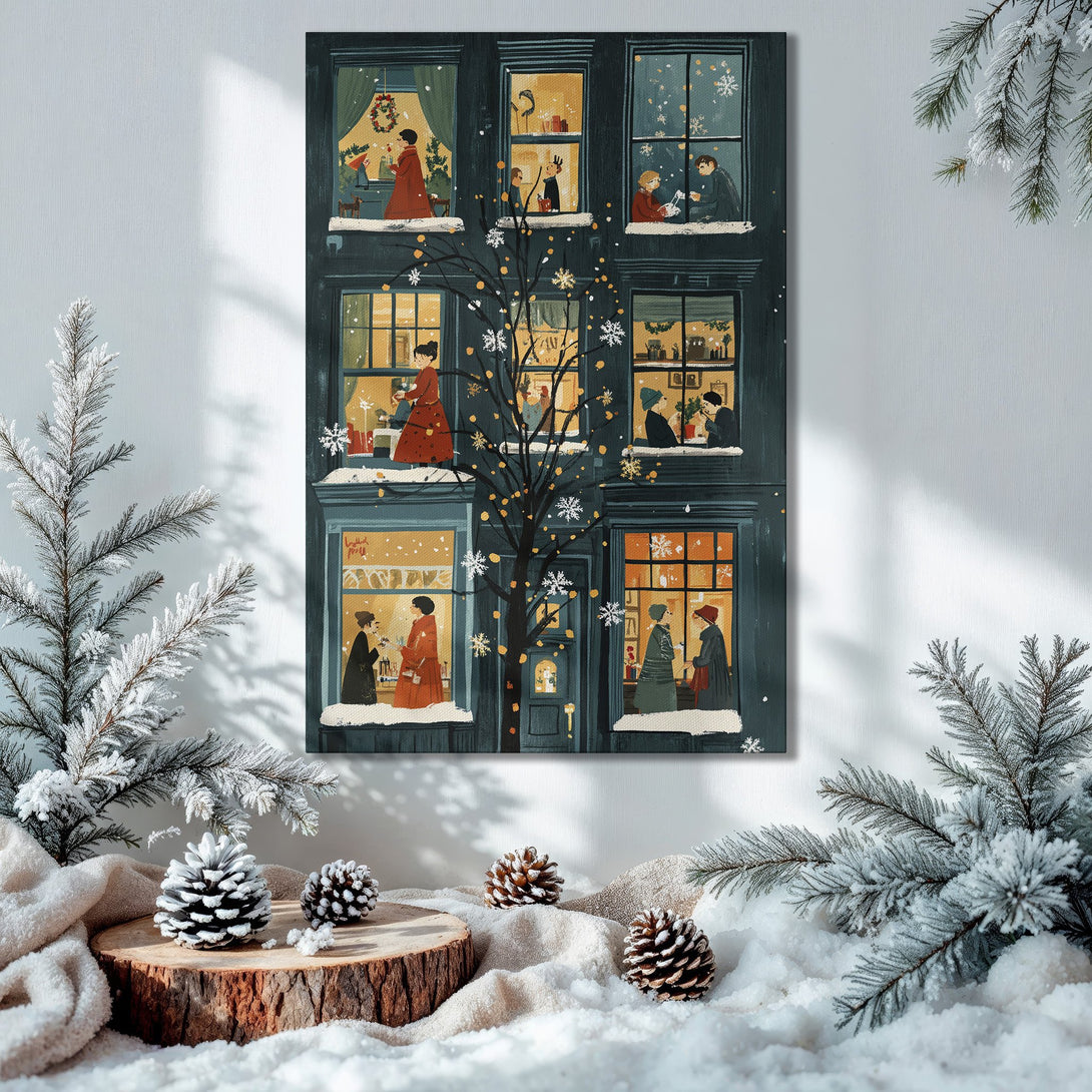 Framed Wall Art: Cozy Christmas scene canvas print with warm, inviting colors and a festive holiday aesthetic. Perfect for seasonal decor!